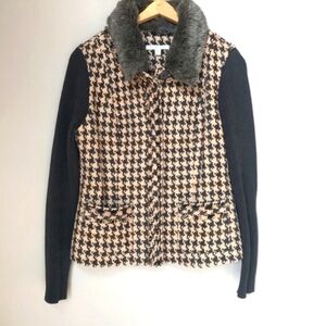 Cabi 978 Women's Mixer Cardigan Sweater 6 Houndstooth Tan Black Gray Fur Collar